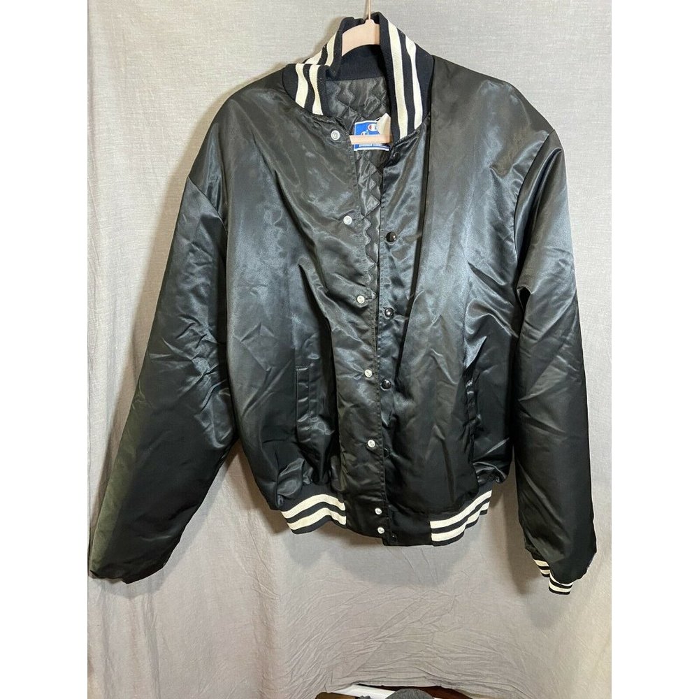 Vintage Mens 2XL Champion Varsity Letterman Satin Black White Jacket